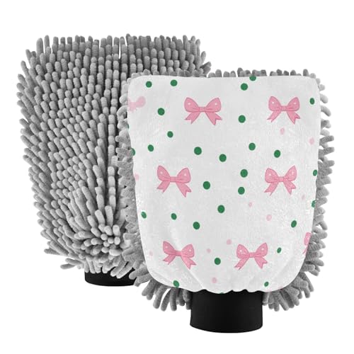 STAYTOP Cute Bow Tie Car Wash Mitt Microfiber, 2Pcs Scratch Free Lint-Free, Premium Chenille Microfiber Mitt Car Wash Brush-M