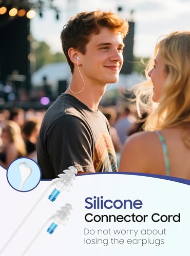 Image of Concert Ear Plugs, 2 Pairs Adults Soft Silicone Reusable High Fidelity Musician Earplugs 26dB, with Silicone Connector Cord, Ear Protection Earplugs for Rave, Festival, Music,Tinnitus Relief