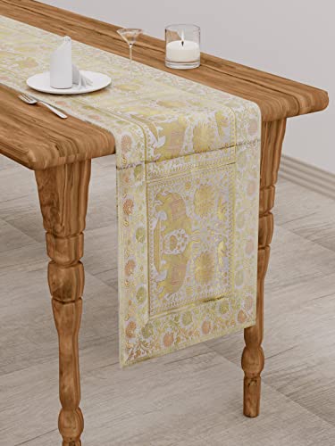 Image of E-Ezra Silk Banarsi Brocade Traditional Table Runner for Dining Table 4 & 6 Seater Table Cloth Rectangle Coffee Table Cloth / 152 cm (Grey)