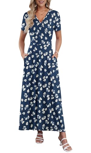AUSELILY Maxi Dresses for Women Ankle Length Floral Print Beach Long Flowy Dress with Pockets Navy Flower 2XL
