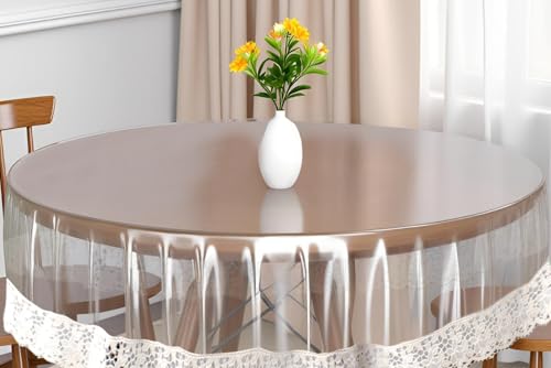 Image of The Furnishing Tree Round Shaped 4 Seater Transparent Table Cover Size 54x54 inches 0.25 mm Thickness with White Lace