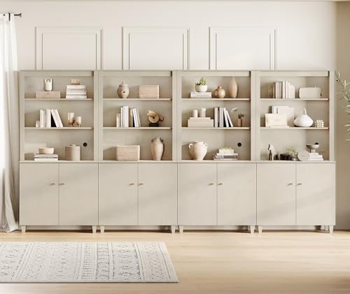 Image of WAMPAT Beige Wood Bookcases with Storage Cabinets, 4 Column Modern 5-Tier 71 inch Tall Bookshelves with Adjustable Shelf, Wide Wooden Display Bookshelf for Home Office, Living Room, Bedroom
