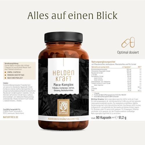 Maca Kapseln hochdosiert - Maca Extrakt mit Tribulus terrestris, Cordyceps, Bockshornklee, Zink, Ginseng...