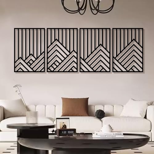 4Pcs Abstract Black Metal Wall Decor Mountain Line Art, 16"x11"
