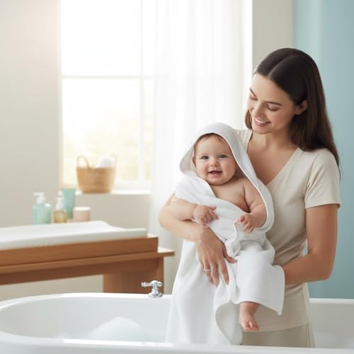 Image of BY LORA Hooded Baby Towel for Toddlers, Soft 100% Rayon Bath Towel, Highly Absorbent Unisex Wrap, 35 x 35 Inches, Toddler Gift, White 2-Pack
