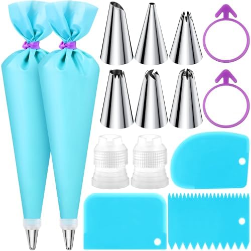 Piping Bags & Tips Set (15 Pcs, Blue) Reusable Pastry Frosting Kit for Cake Decorating, Cupcake & Cookie Icing Kit by EcoEarth