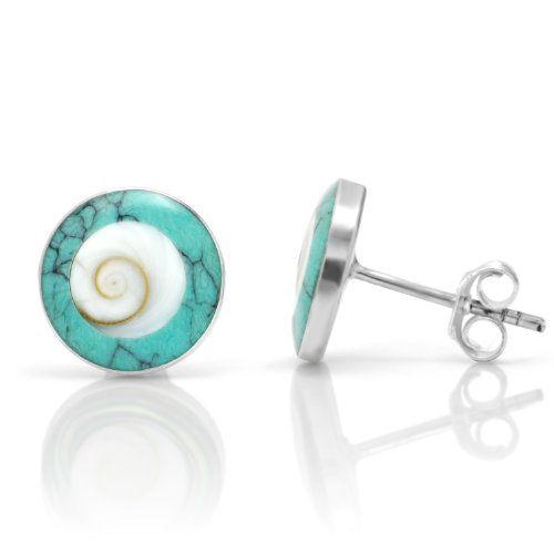925 Sterling Silver Natural Shiva Eye Shell Inlay Blue Turquoise Round 11 mm Stud Earrings