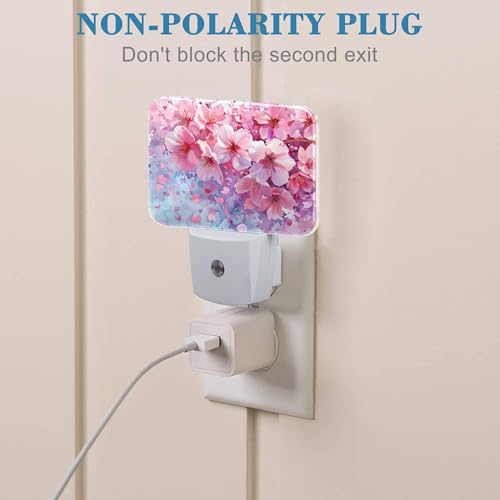 Image of Watercolor Cherry Blossom Night Light Cherry Blossom Nightlight Plug into Wall with Dusk to Dawn Sensor for Kid Girls Boys Women Men Room, Hallway, Kitchen, Bathroom, Stairs Decor