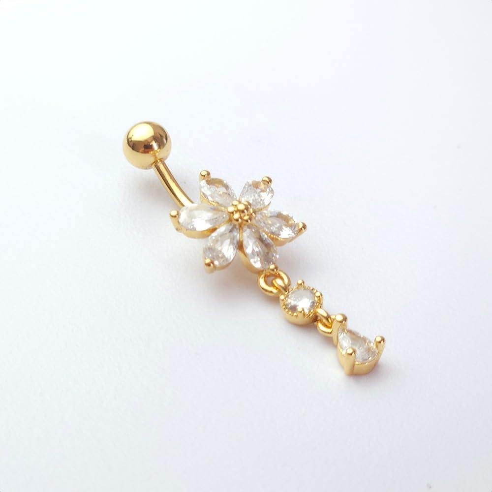 14G Clear CZ Flower Dangle Belly Button Rings for Women 14K Gold Plated Surgical Steel Cubic Zirconia Dangling Belly Navel Rings Navel Barbell Belly Piercing Jewelry - Image 4