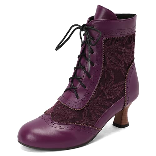 Gicoiz Women Lace Up Military Brogue Low Kitten Heels Comfy Ankle Boots - Main Image