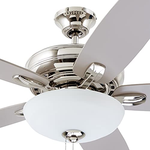 Kathy Ireland Home Ashland Led Ceiling Fan With Light Kit | 52 Inch Fixture With 5 Blades, Removable Glass Shade, And Pull Chain | Low Profile Hugger With Dual Mount And Downrod, Polished Nickel #TOP2