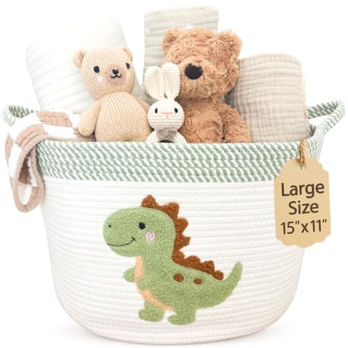 Image of Dinosaur Baby Storage Basket, Woven Cotton Rope Nursery Bin, 15x11 in | Stuffed Animal and Blanket Storage, Soft Felt Dinosaur Patch, Baby Nursery Decor, Baby Shower, Kids Playroom Organizer