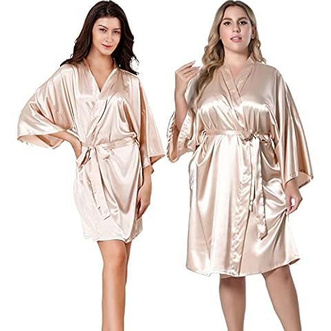 Women Kimono Satin Robe, Silky Dressing Gowns Bride Bridesmaid Robes Short Nightwear for Wedding Party (Champagne, Tag LXL) Cover