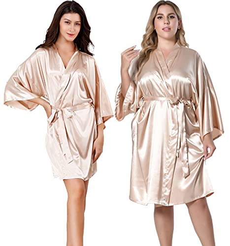 EPLAZA Women Silky Satin Robe Wedding Bridal Party Bride Bridesmaid Robes Kimono Loungewear Dressing Gowns (Champagne, Tag LXL)
