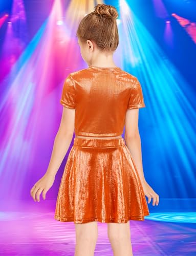 Image of Happy Cherry Kid Girl Shiny Skirt and Top Set 2 Piece Texture Ribbed Metallic Disco Rave Cheer Outfit 4-12T
