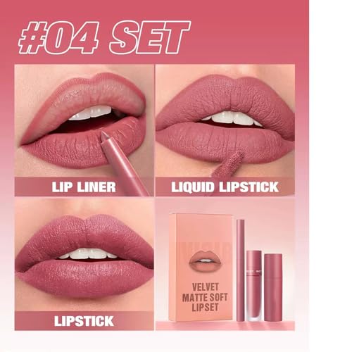 Image of Matte Lip Liner Lip Stick Lip Oil Set, Lip Makeup Set Natural Smooth Long-Lasting And Hydrating Beauty Daily Cosmetics Gift for Girls Easy-to-Use(#04)