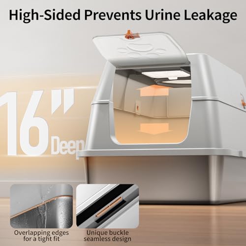 Image of Stainless Steel Cat Litter Box with Lid, 180 Flip-Top XL Extra Large Enclosed Litter Box, Covered Metal High Sided Litter Pan with Steps & Scoop, Easy Cleaning, Odor Control, Non-Sticky-Grey