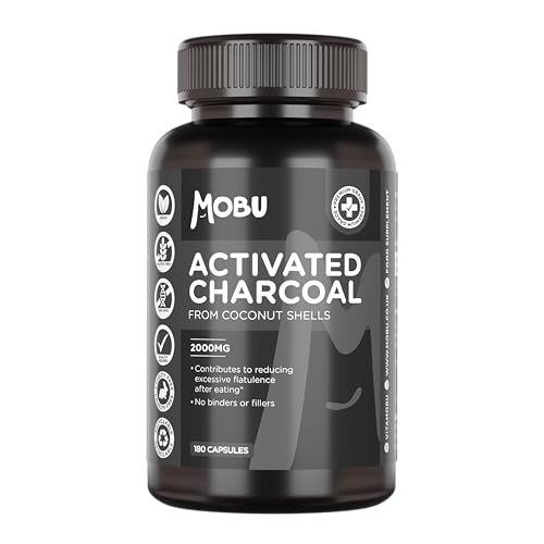 Activated Charcoal Capsules 2000mg 180 Capsules | Helps Reduce Excessive Flatulence After Eating | Coconut Shell Derived No Fillers or Binders | Vegan | MOBU UK Made