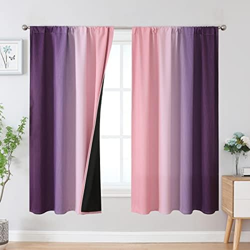 Estelar Textiler Pink and Purple Blackout Curtains for Girls Bedroom, Full Room Darkening Rod Pocket Ombre Curtains for Kids Room, Thermal Insulated Light Blocking Gradient Drapes, 52Wx63L, 2 Panels