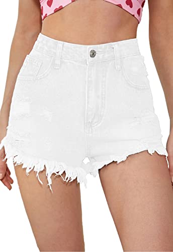 Metietila Womens High Waisted Stretchy Denim Shorts Ripped Raw Hem Summer Jeans Shorts White Medium