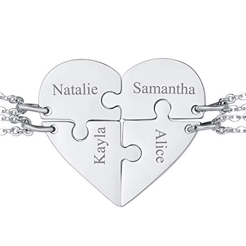 FaithHeart BFF Puzzle Stitching Necklace 2/3/4/5/6/7/8 Pcs Stainless Steel Personalized Name Heart Pendants Family Love Jewelry Free Engrave Friendship Forever Necklaces Set with Delicate Packaging