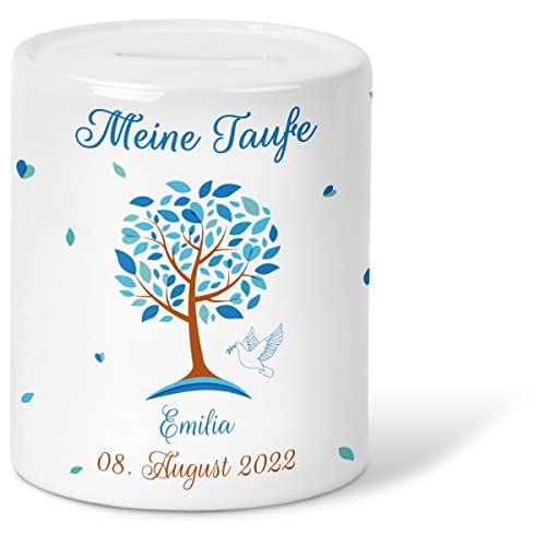 GRAVURZEILE Spardose für Kinder - im Lebensbaum Design - Personalisiert mit Name & Datum - Geschenk für Jungen & Mädchen zum Geburtstag Kommunion Geburt Einschulung Weihnachten - Farbe Blau