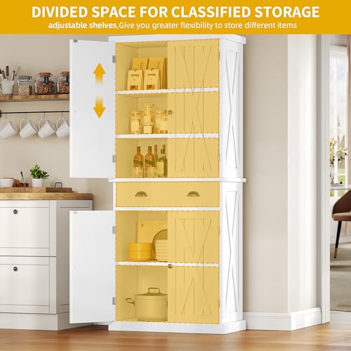DWVO 72'' Tall Farmhouse Kitchen Pantry with Adjustable Shelves, Wood Kitchen Storage Cabinets with Doors & Drawer, Freestanding Cupboard for Dining Room, Living Room, White
