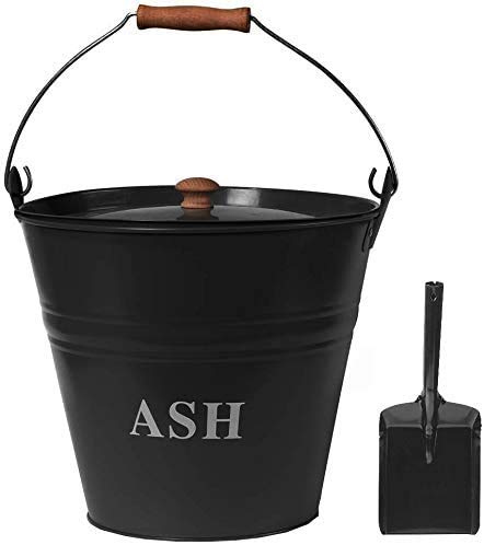 Black Fireplace Ash Bucket with Lid & Wooden Carry Handle Coal Fuel Log Wood Kindling Carrier Storage + Shovel