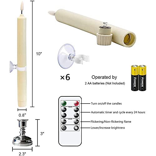 Image of Wondise Flameless Window Candles with Remote & Timer, 10 inch Battery Operated 3D Wick LED Flickering Taper Candle for Christmas Decorations, Removable Silver Holder and Suction Cups Included(6 Pack)