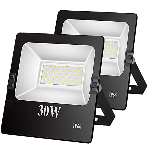 Focos LED exterior 30W Potente Luces Led Exterior IP66, Luz de Seguridad Blanca Cálida 6500K para Terraza, Jardín, Patio, Parque, Garaje 2 piezas Cover