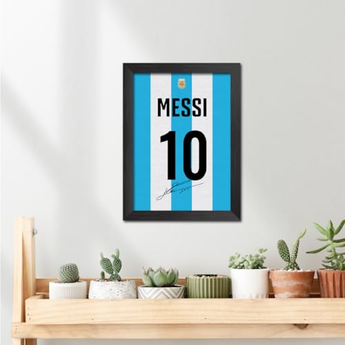 Image of TenorArts Lionel Messi Poster Frame Argentina Worldcup Jersey Laminated Photo Print with Signature Framed Painting with Matt Finish Black Texture (12 inches x 9inches)