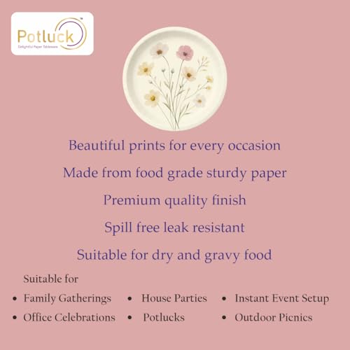 Image of Potluck Exotic Floral Disposable Paper Plates, 9 Inch Food Grade Tableware for Parties, Events, Snacks & Meal Serving Pack