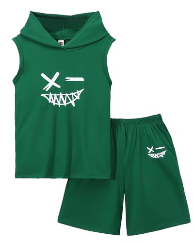 Image of Kids Boys Summer 2PCS Outfits Sleeveless Hooded Loose Casual Top Shirt and Elastic High Waist Sports Short Pant Set