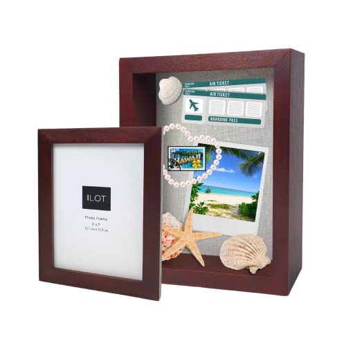 ILOT 8"x10" Solid Wood Mahogany Display Shadow Box Frame + Bonus Photo Frame 5" x 7" - Memory Box for Keepsakes (Picture box, military shadow box, wedding shadow box, graduation shadow box, flower shadow box)