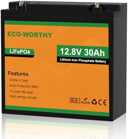 ECO-WORTHY 12V 30Ah LiFePO4 Lithium Battery, Built-in 30A BMS, 10 Years Lifetime, Deep Cycle Battery for Trolling Motor, Fish Finder, Golf Trolley, Solar System