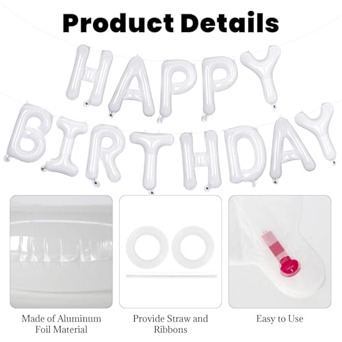 Image of 65 Pcs White Happy Birthday Balloons, 2 Sets A-Z White Letters Foil Balloons,16 Inch Personalized Name Happy Birthday Banners for Wedding Baby Shower Anniversary Party Decorations