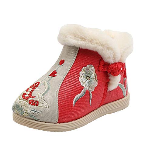 Girls Embroidery Winter Warm Boot Anti-Slip House Shoes Indoor Outdoor Slippers Fur Lined Plush Snow Boots(Toddler/Little Kid)