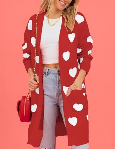 Image of Wyeysyt Women Valentines Day Love Heart Cardigans Sweaters Open Front Long Chunky Casual Knit Pocketed Cardigan Sweaters(Red-XL)