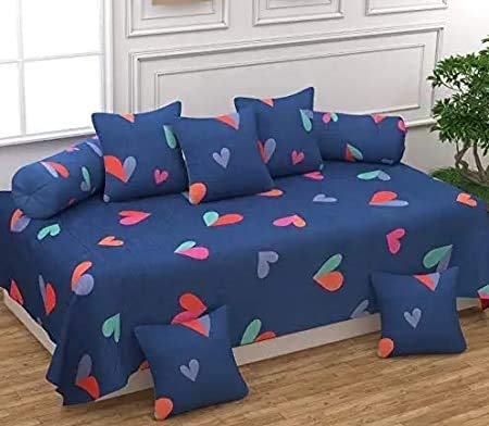 THE HOME STYLE Super Soft Glace Cotton Elegant Diwan Cover Set 8 Piece (1 Single Bedsheet, 2 Bolster Covers, 5 Cushion Covers) (Blue Heart)-image-49