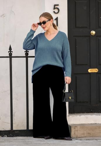 Image of RITERA Plus Size Women Sweaters Waffle Knit Pullover Top Long Sleeve Casual Crewneck Shirt Loose Split Hem Fall Winter Blouse