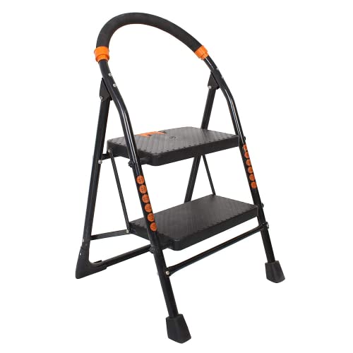 Image of ORRIL OBBO 2 Step Ladder for Home, Foldable Step Ladder with Wide Anti-Skid Steps, Alloy Steel, Black