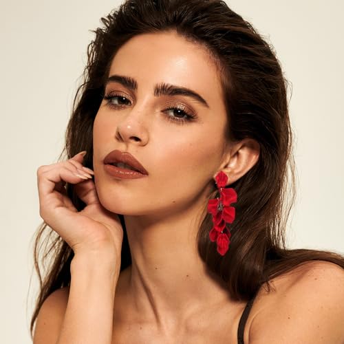 1 Pair Large Red Earrings for Women, Long Acrylic Rose Petals Earrings, Red Flower Earrings Dangle Statement Layered Floral Petal Earring for Wedding Holiday Festive Costume Gift3