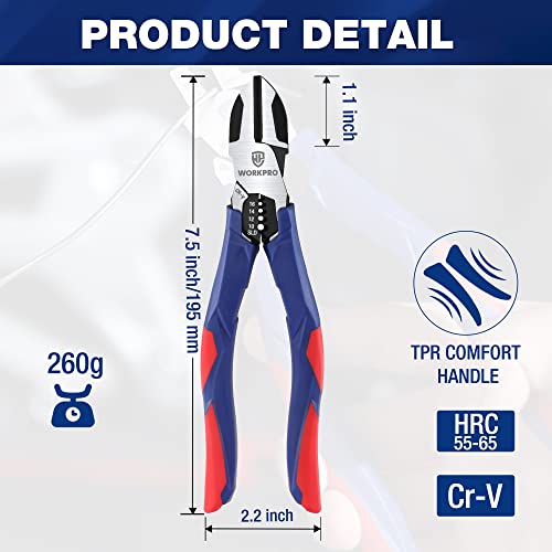 Workpro 7.5 Inch Diagonal Cutting Pliers With Wire Stripper, Crv Steel Wire Cutters With Comfort Grip Handles, Heavy Duty Side-Cutting Pliers For Electricians And Homes #TOP4