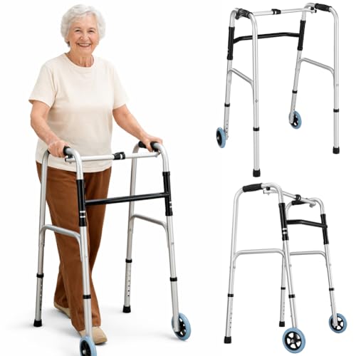 BAKAJI Deambulatore per Anziani con Ruote Pieghevole e Salvaspazio con Struttura Leggera e Resistente in Alluminio, Dispositivo di Aiuto per Persone Disabili e con Mobilità Ridotta, Altezza Regolabile