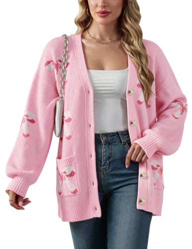 Libsorge Womens Cute Bow Button Long Sleeve Cardigan Sweaters, Pink, M