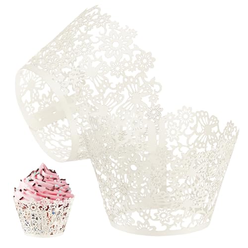 M METERXITY 50 Envolturas Para Cupcakes, Papel Perlado, Envolturas Para Cupcakes Con Encaje Floral Calado Para Decoración De Bodas/Fiestas De Cumpleaños, Papel Para Hornear [Blanco]