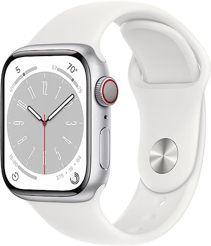 Apple Watch Series 8 (GPS + Cellular, 41mm) – Silver Aluminum Case with White Sport Band, M/L (Renewed)