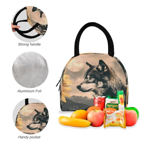 Backpack Lunch Bag Set Sunflower Wolf Print, Big Storage Travel Backpacks with Insulated Lunch Box for Office Hiking Picnic4