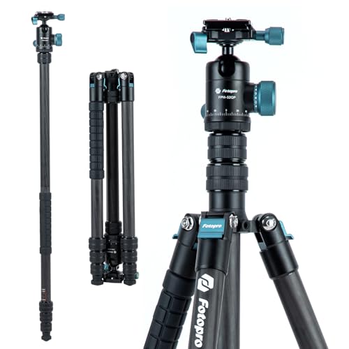 Image of Fotopro 73 inch /185cm Carbon Fiber Travel Tripod for Camera, 360 Panorama Ball Head, Arca Quick Release Plate and Bag, Detachable Monopod for DSLR Camera Camcorder, Load up to 22lbs /10kg. X-Go Plus Blue