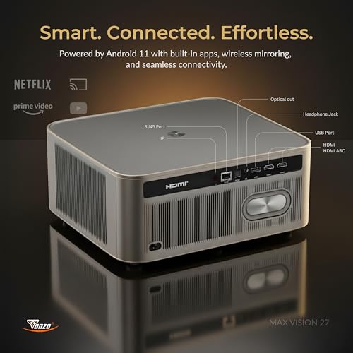 Image of TONZO Max Vision 27 Native 1080P Smart Projector, 4K Supported 22000 Lumens, 300 inch Large Display, Auto Focus, 6D Keystone 3D Glasses, Android 11 (2GB /32GB), WiFi 6 & BT 5.4, OTT Apps, Dual 10W Speakers